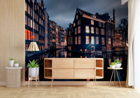 Night waterfront wall mural pairs with wood tones