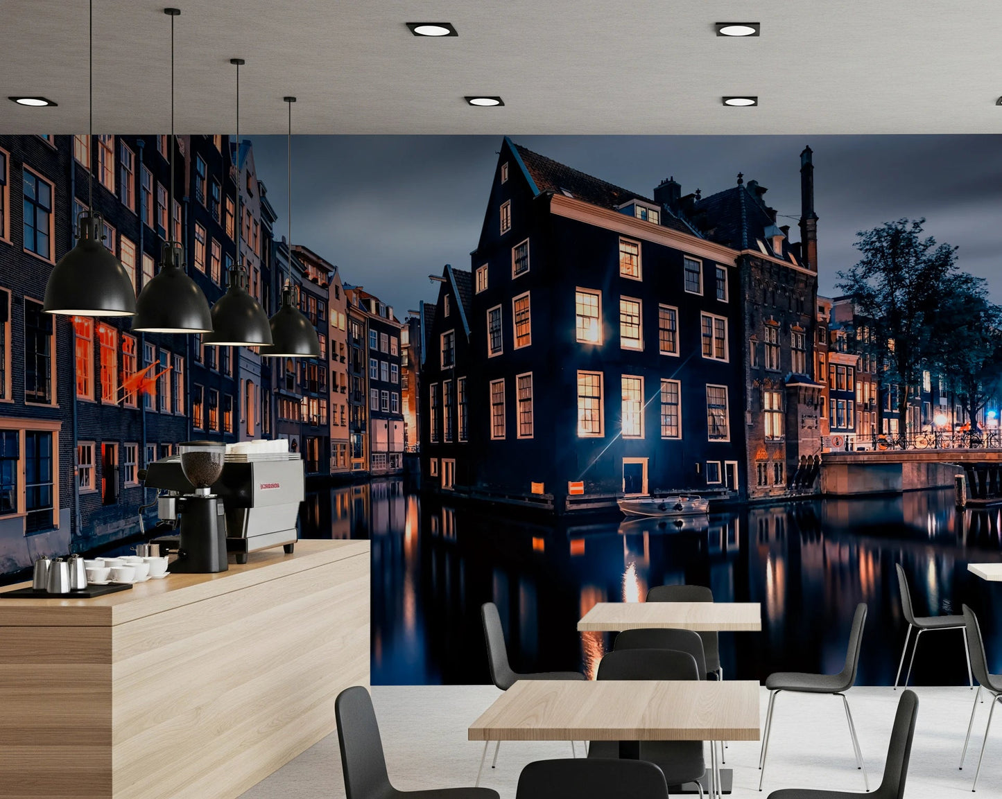 Historic canal wall mural enhances dining space
