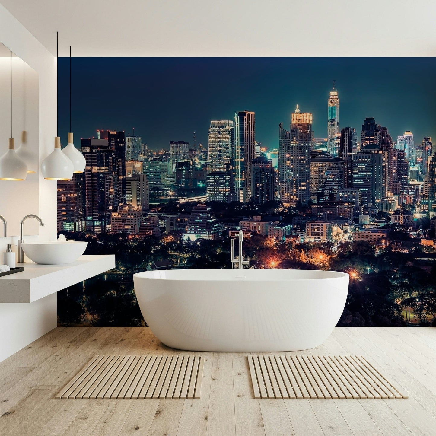 Home office wall with night skyline mural, clean urban look for home styling