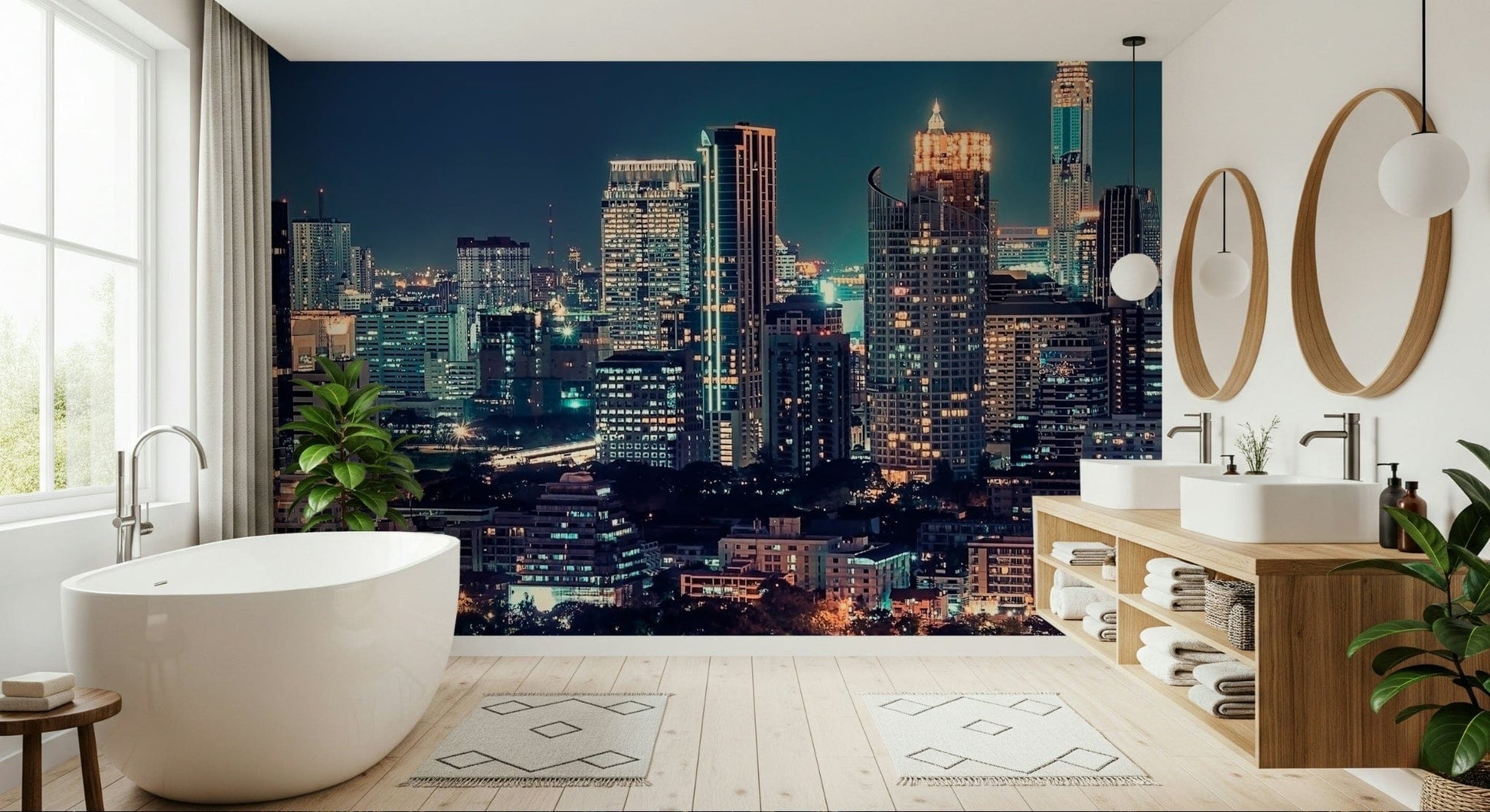 Night cityscape wallpaper behind sofa, deep colour tones and warm light details