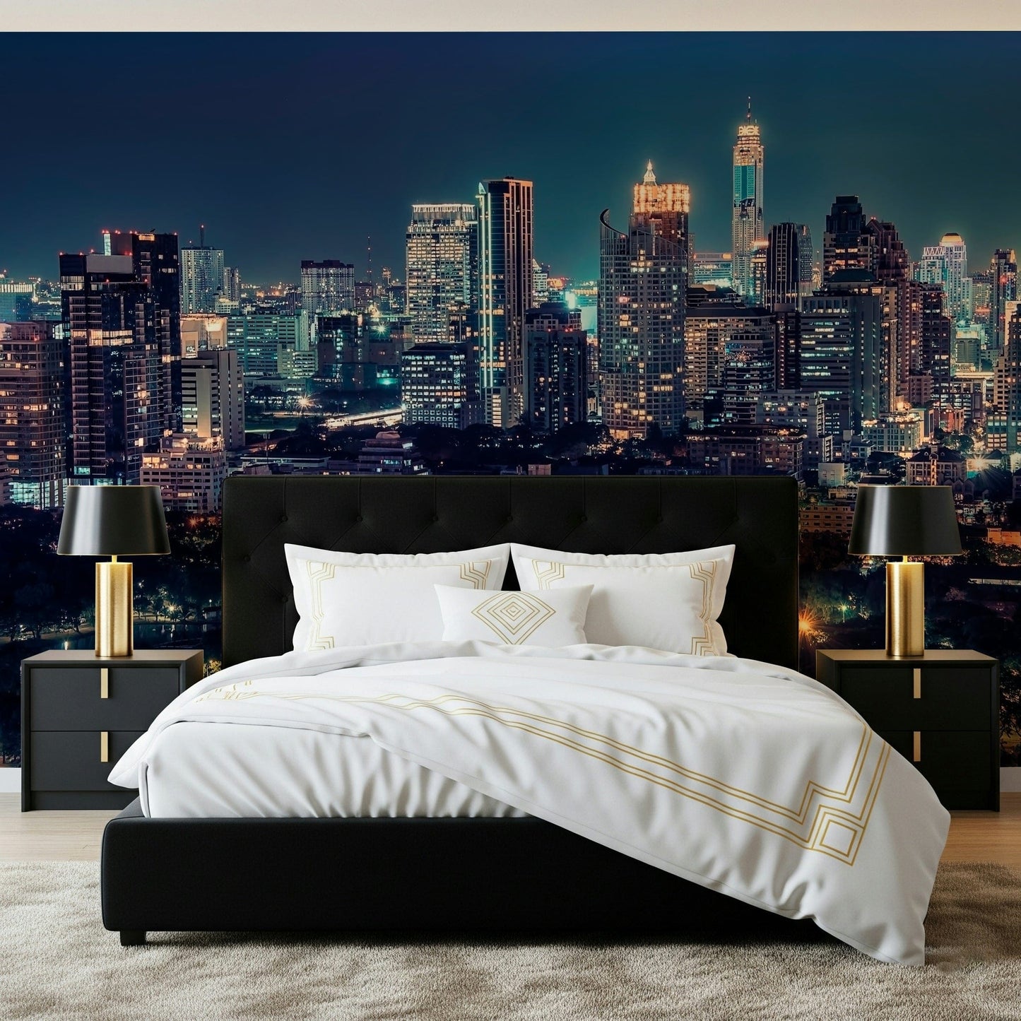 Nightfall Metropolis Wall Mural in modern living space, dark skyline home styling