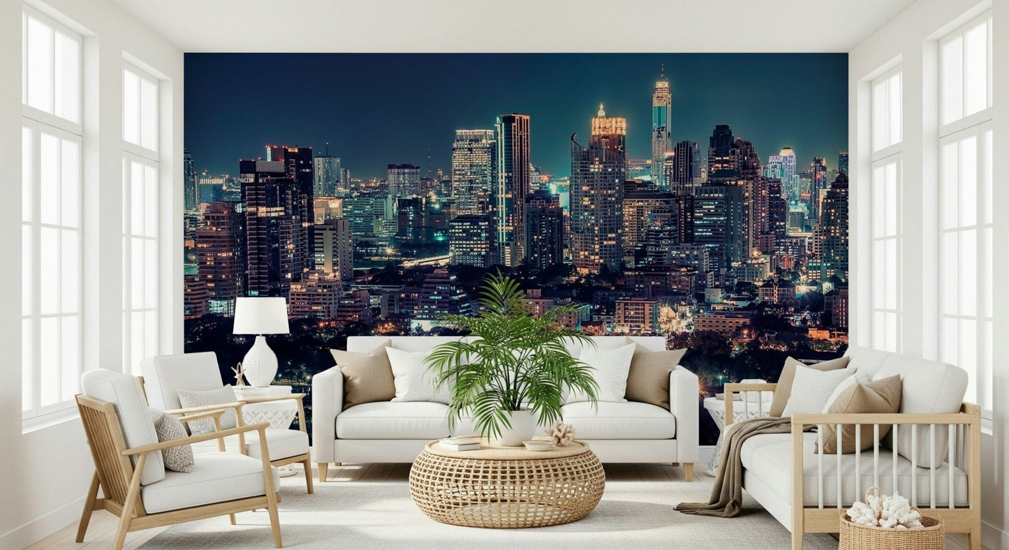 Dining room wall mural with dark metropolis skyline, balanced colour and depth
