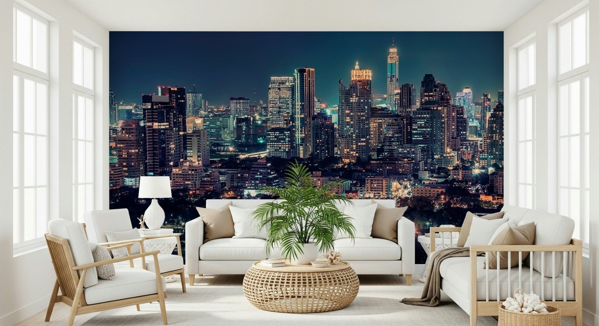 Dining room wall mural with dark metropolis skyline, balanced colour and depth