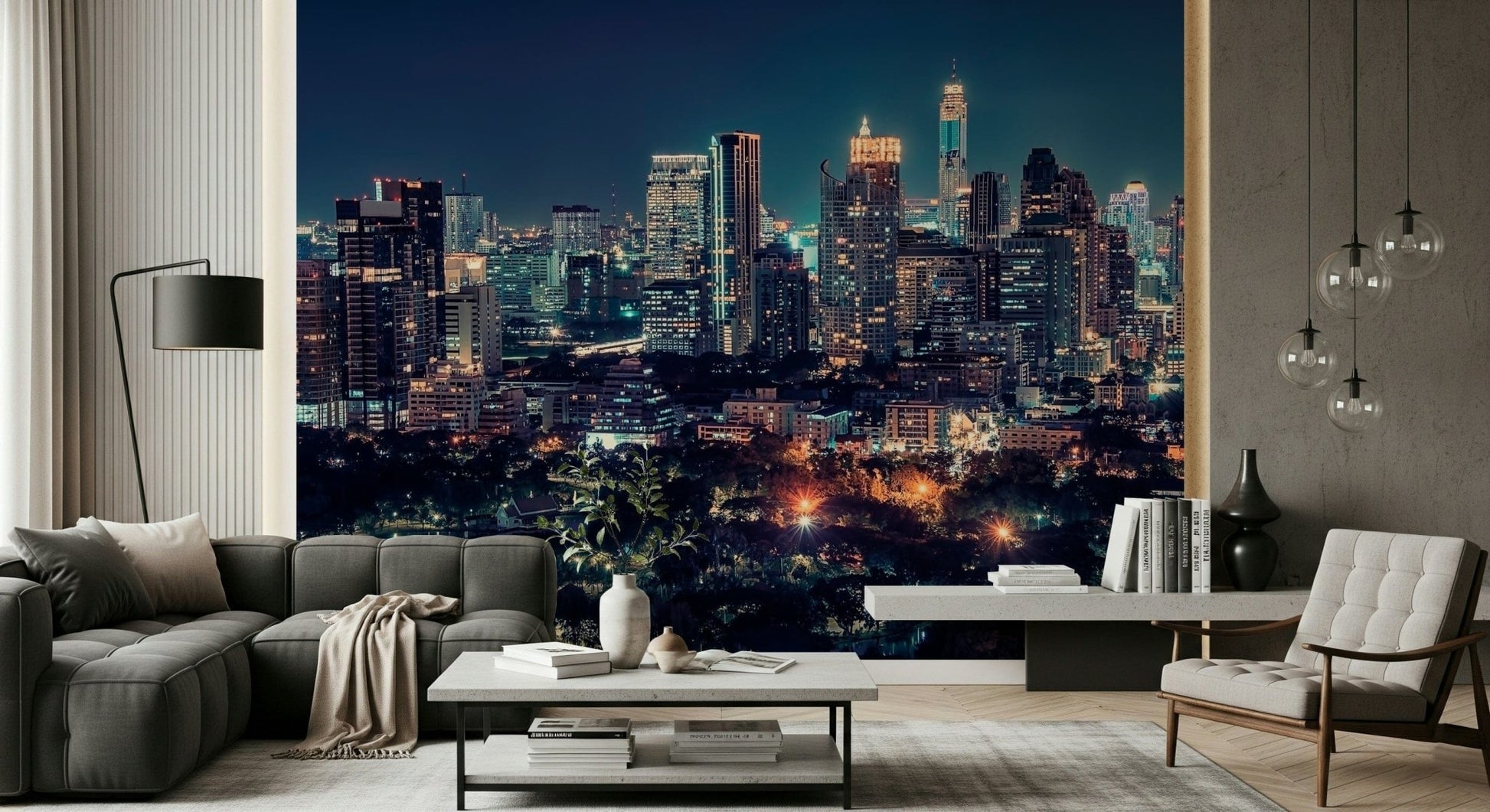 Study nook wall with night skyline wallpaper, tidy city lights scene for focus