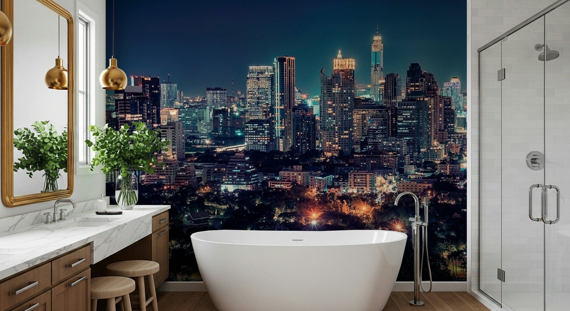 Lounge room feature wall with night metropolis mural, modern home styling finish