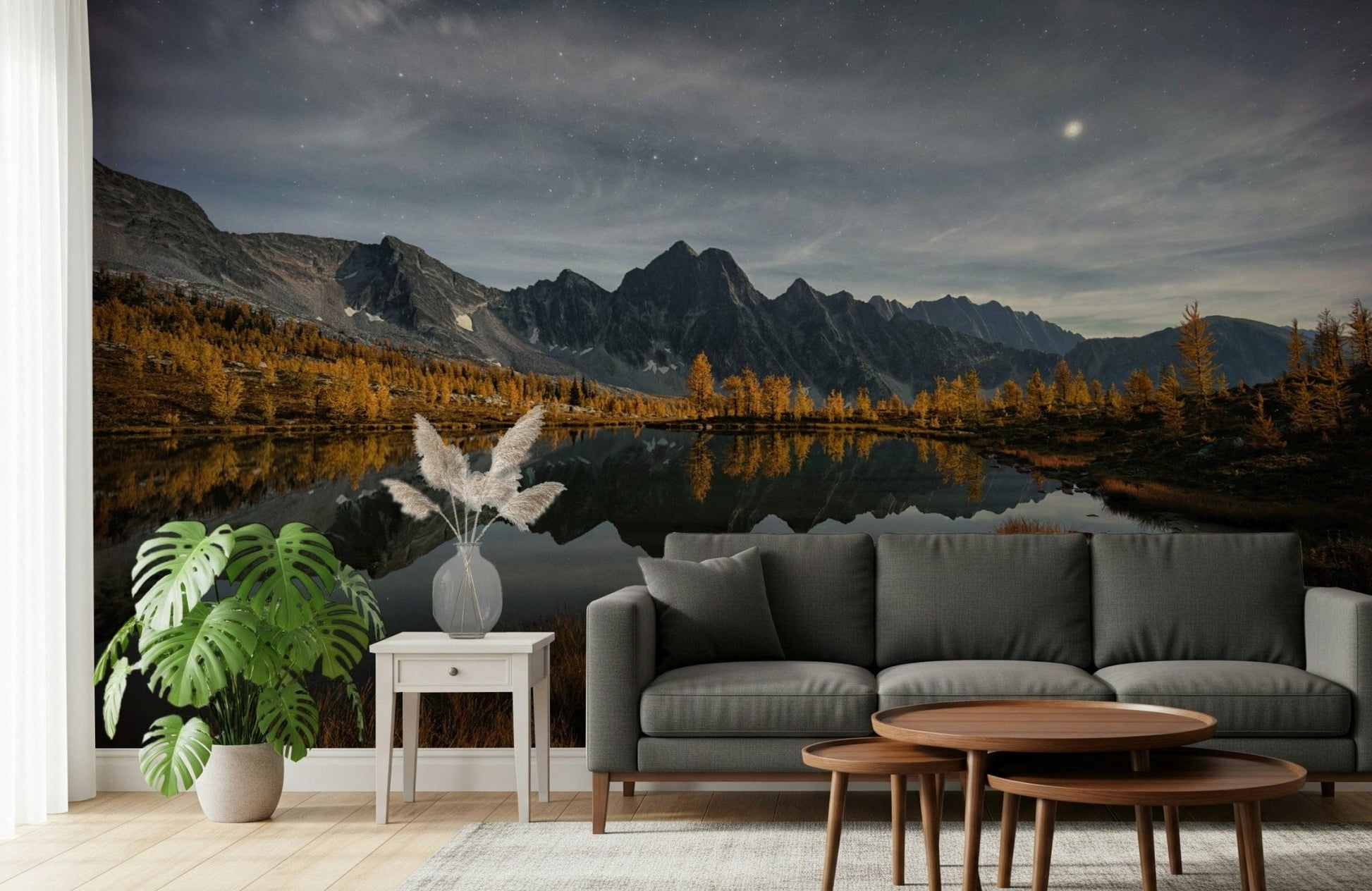 Nightfall reflection wall mural on bedroom wall, navy color tones, calm water scene backdrop