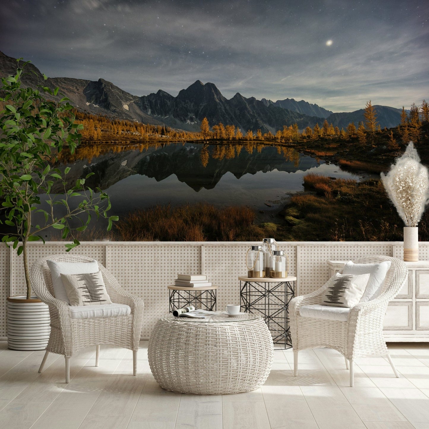 Nightfall’s Calm Reflection Wall Mural in hallway, muted dark colors, scenic wall decor feature