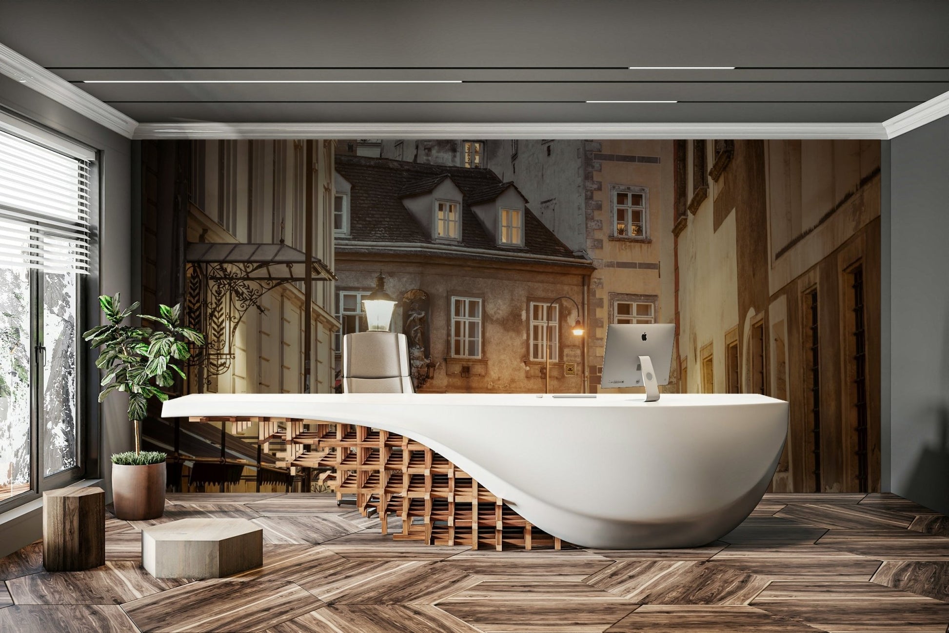 A tall, modern tower in the distance
