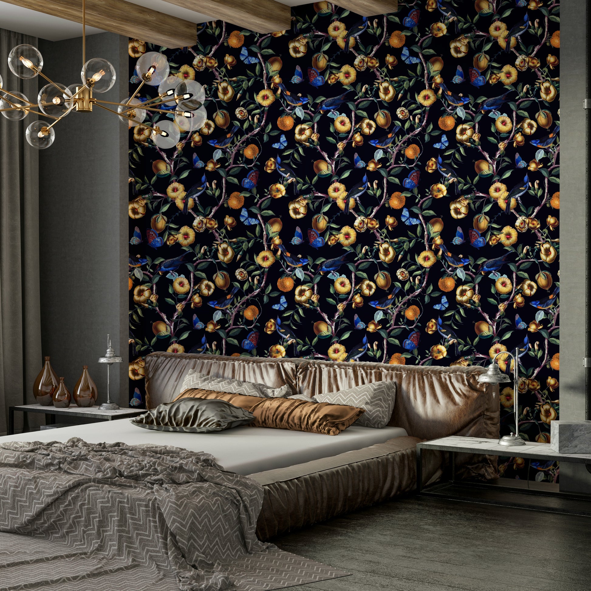 Close-up of lush florals on a deep, shadowy background.

