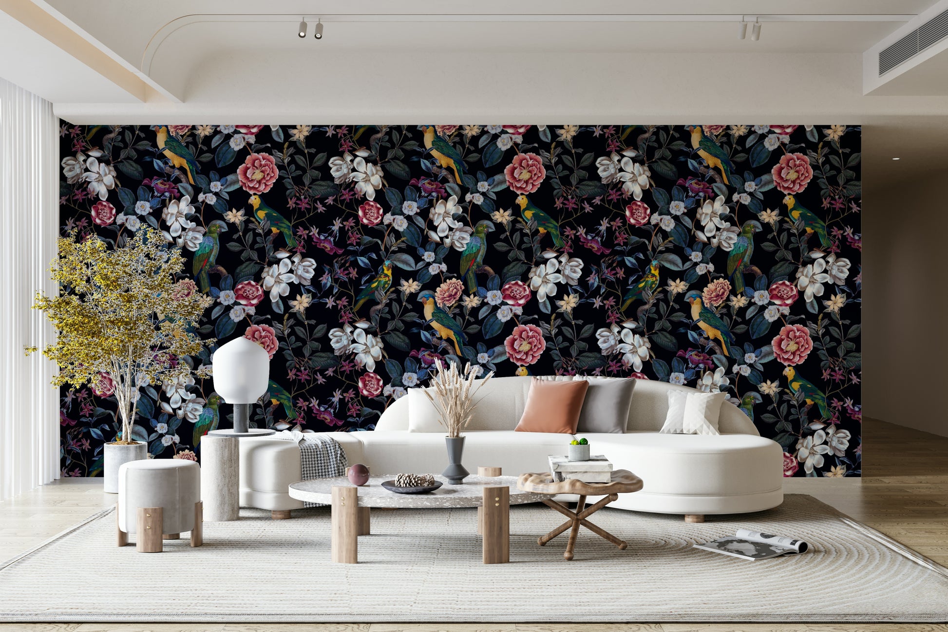 Tropical night-themed wallpaper with exotic foliage and flowers.

