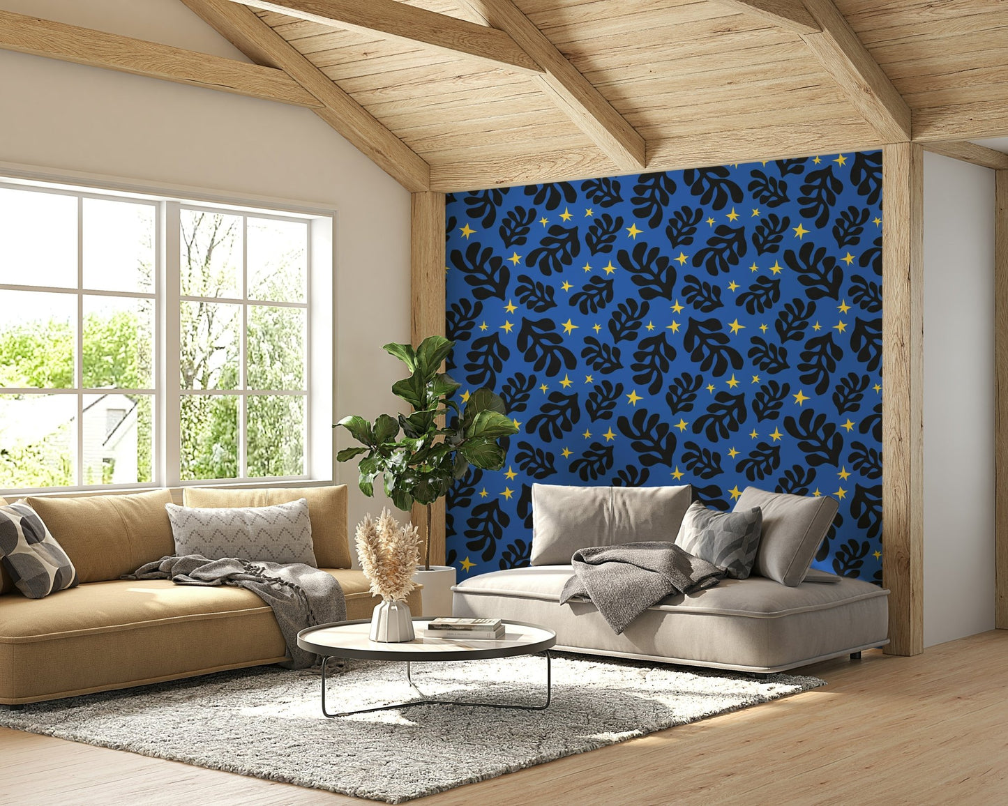 A modern wall mural with a repeating pattern of abstract, nocturnal shapes.

