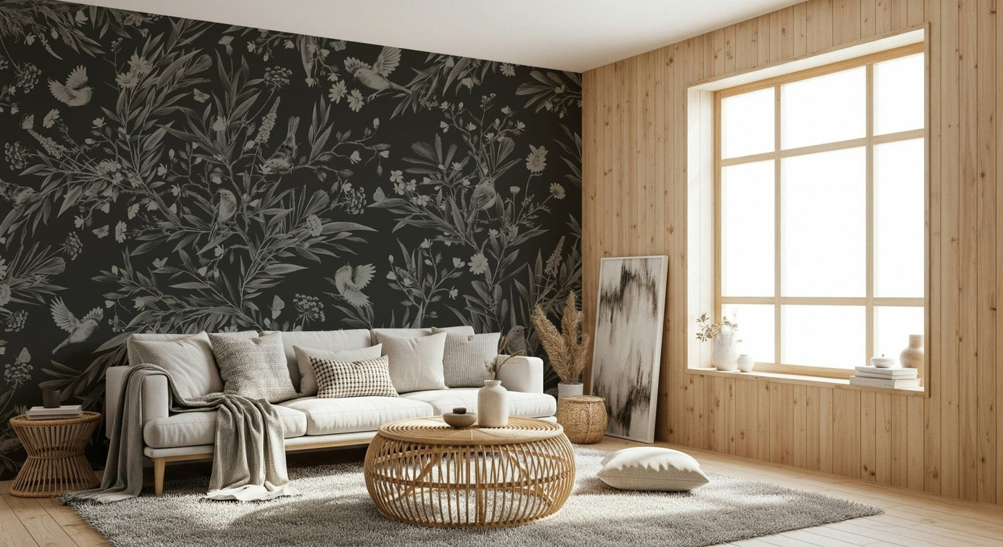 Soft, serene mural of night-time songbirds in a floral garden scene