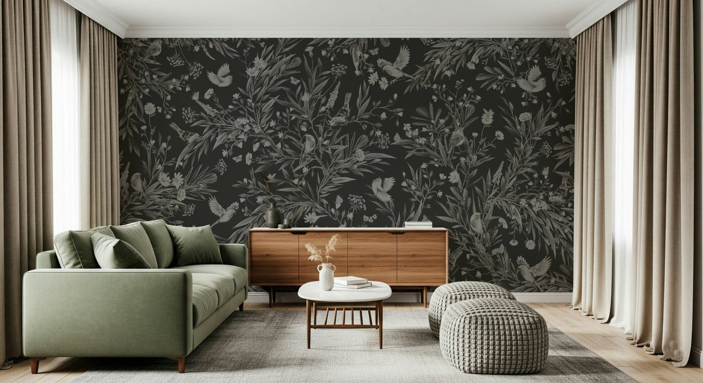 Nature-inspired wall art depicting birds and blooms in a nocturnal setting.