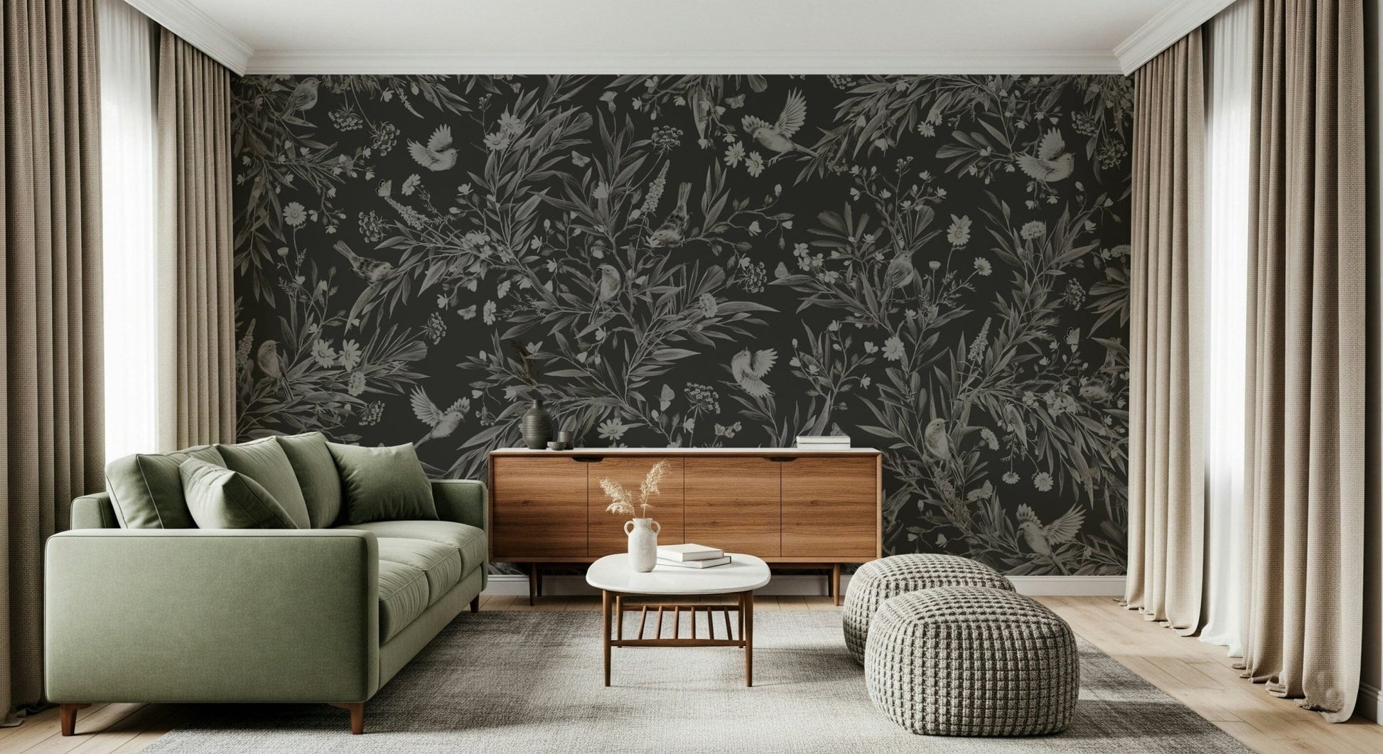 Nature-inspired wall art depicting birds and blooms in a nocturnal setting.
