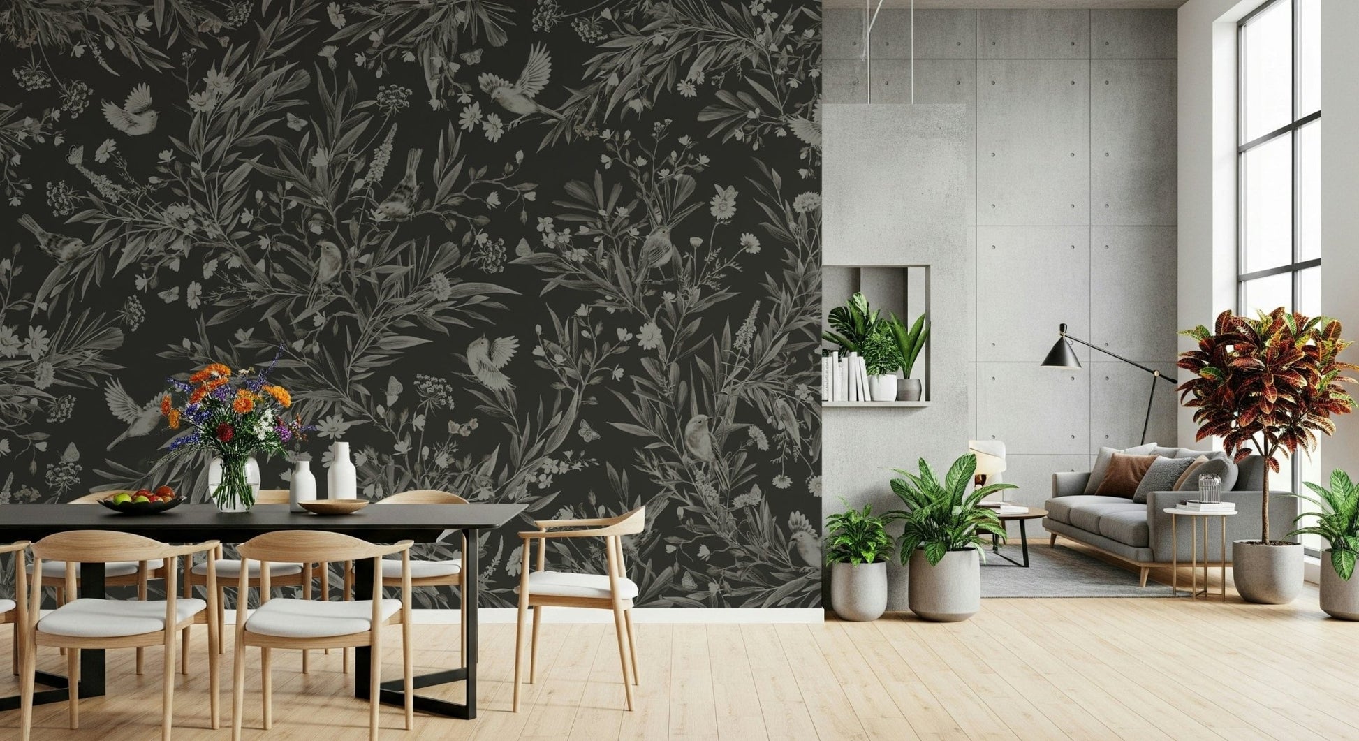 Whimsical night garden mural with birds perched among detailed floral patterns