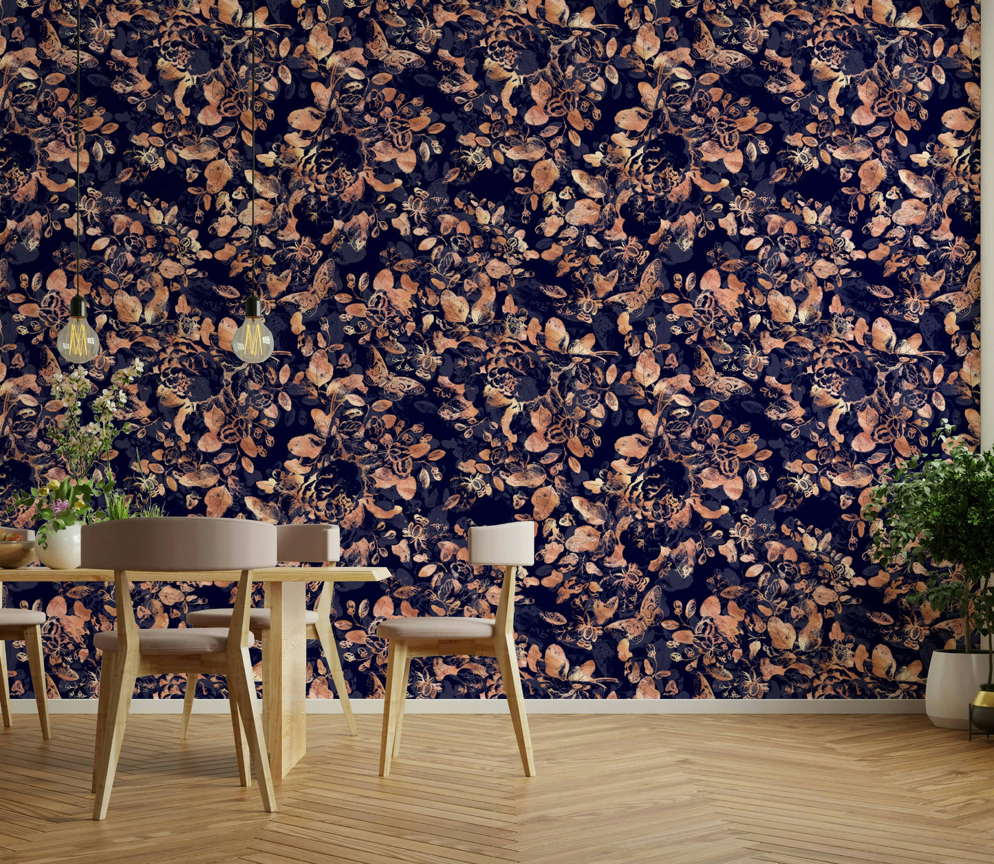 This wallpaper is suitable for a dining room, a bedroom, or a chic living space.
