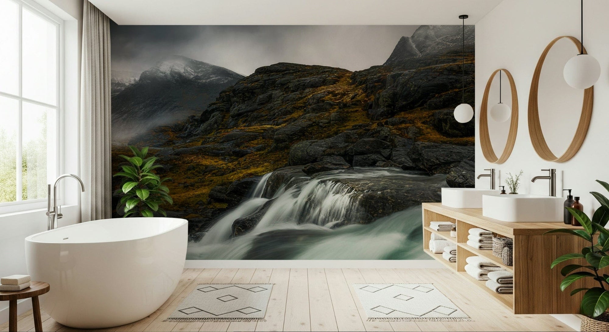Noir Mountain Flow wallpaper mural of a misty waterfall and dark peaks behind a freestanding tub in a bathroom