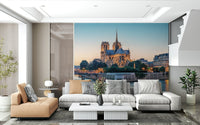 Paris cathedral wall mural featuring calm city view and mountain wallpaper tones