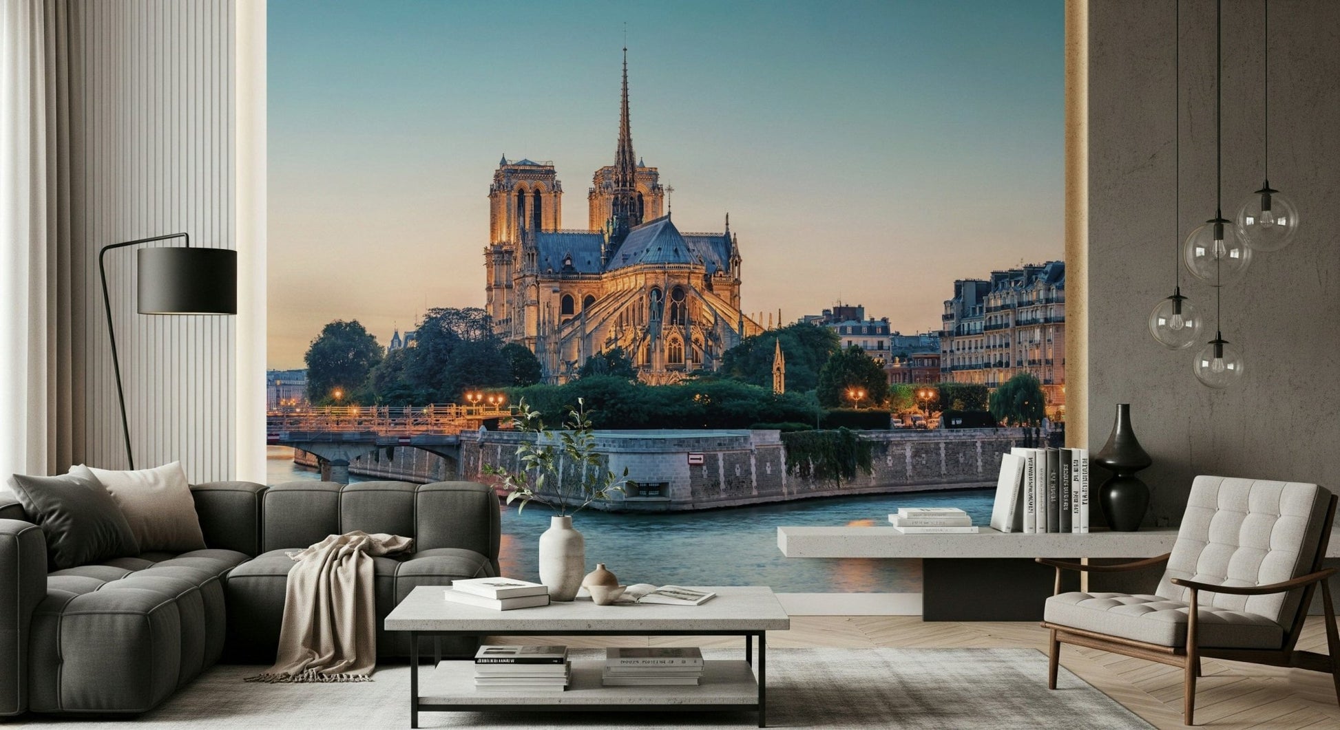 Paris landmark wall mural showing calm light and mountain wallpaper texture