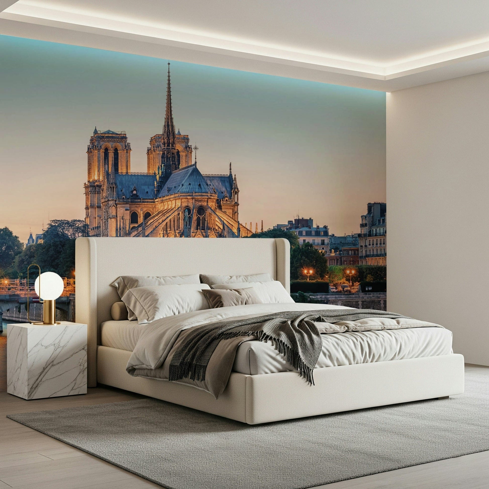 Notre Dame Paris wall mural illustrating skyline and mountain wallpaper balance