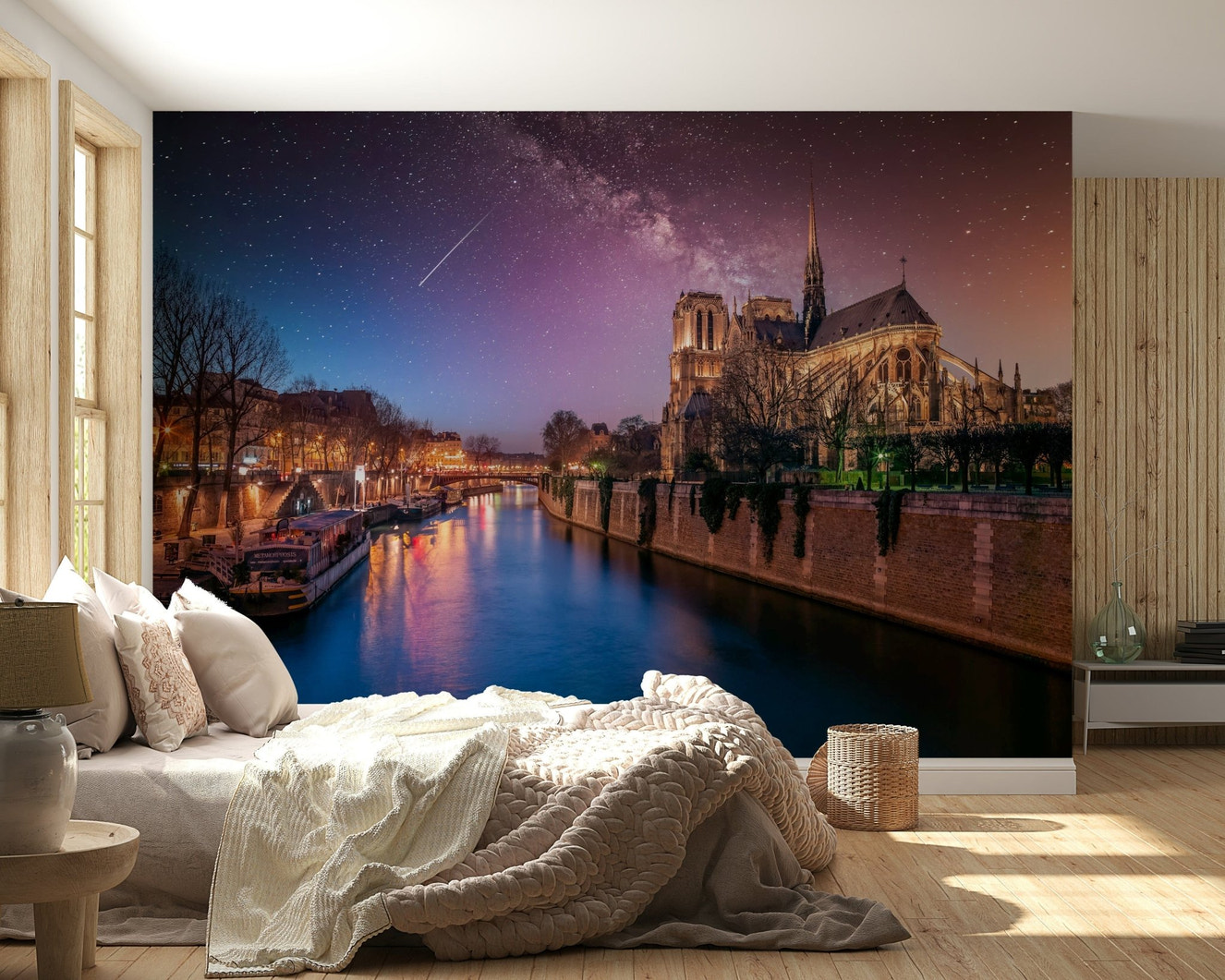Paris cathedral view on Notre-Dame Starry Night wallpaper for bedroom walls.