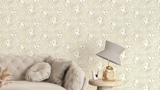 Soft nude line art woman's face mural
