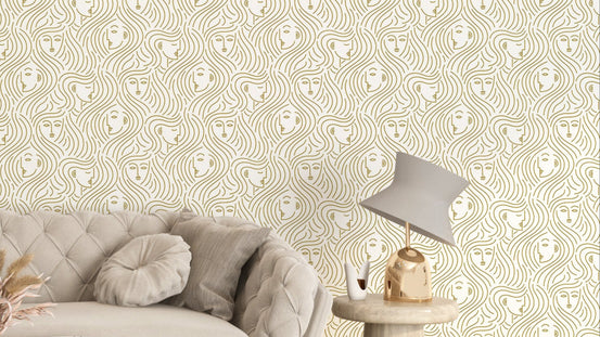 Soft nude line art woman's face mural