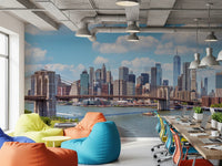 NYC Bridge Vista wallpaper mural of the skyline in an open office with colorful bean bags and laptop desks