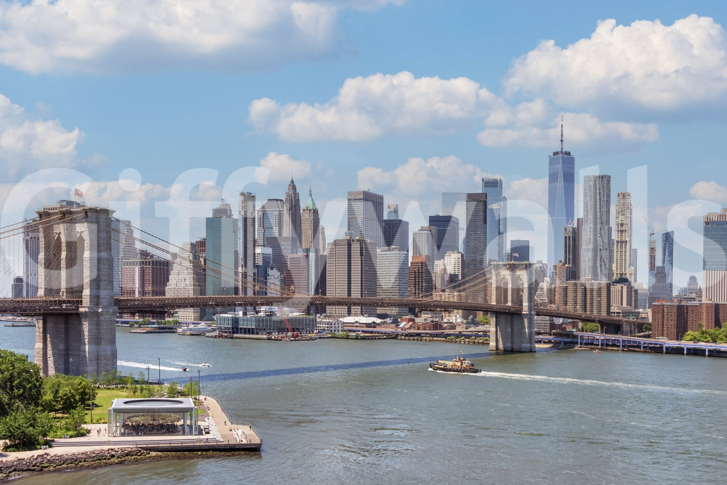 NYC Bridge Vista wallpaper mural shown as a full-wall view of the Brooklyn Bridge and blue-sky Manhattan skyline