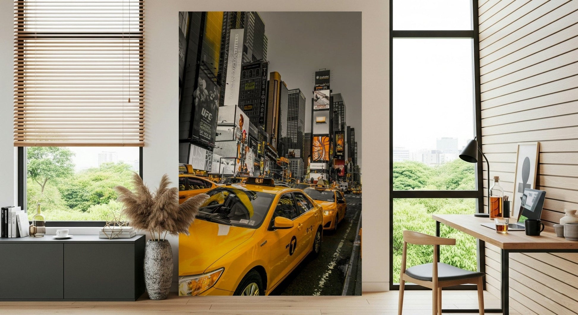 Times Square art: NYC Cabs Golden Rush selective color street photograph.