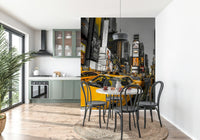 Striking gold-accented NYC cabs image; perfect statement piece wallpaper.