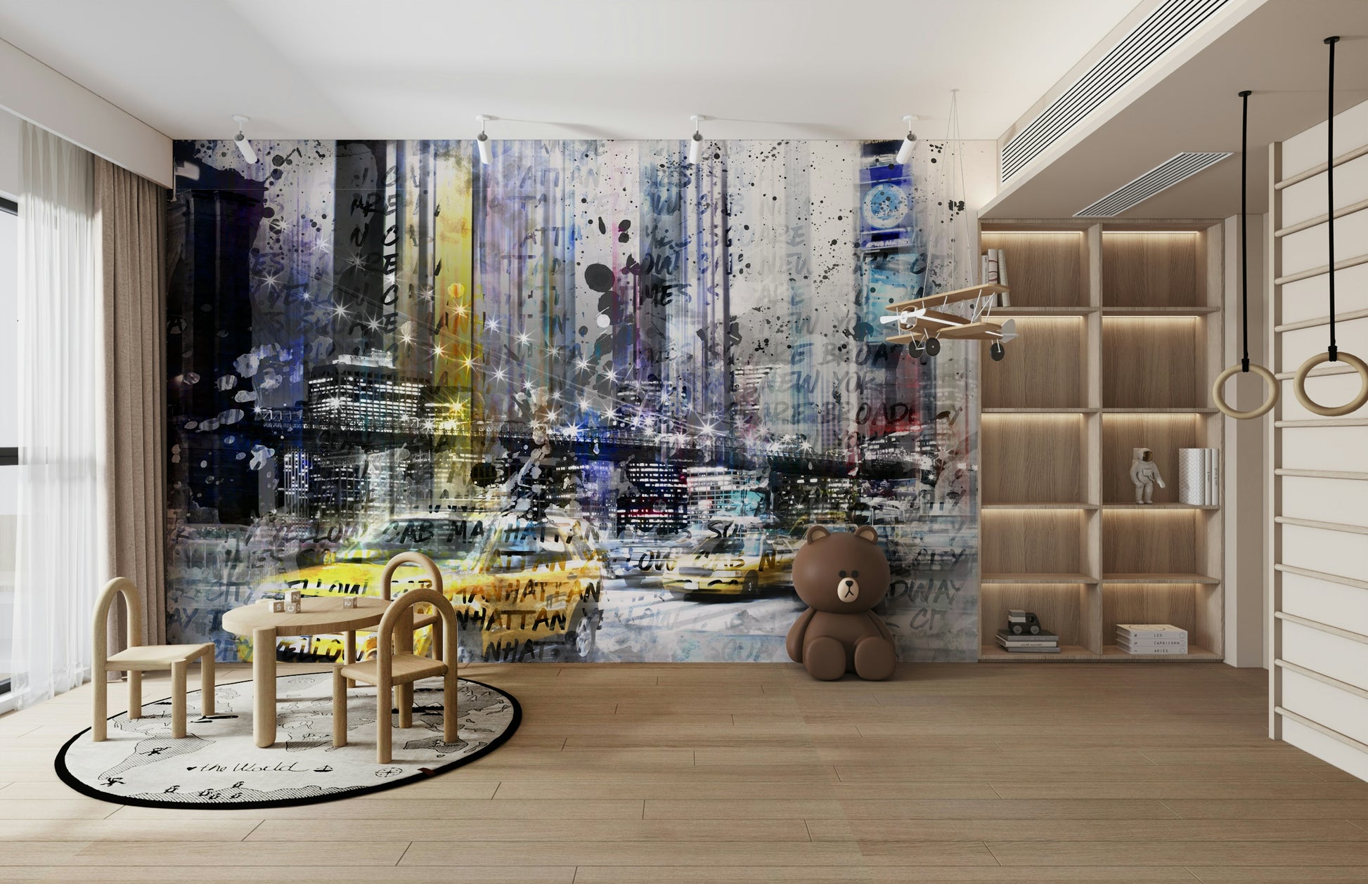 Urban art mural with NYC landmarks and textures

