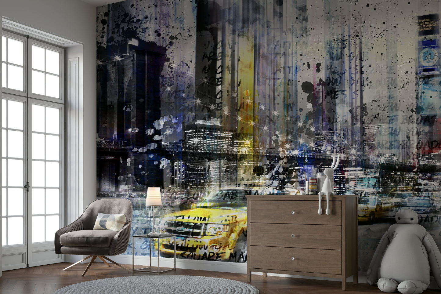 Collage mural featuring iconic New York imagery


