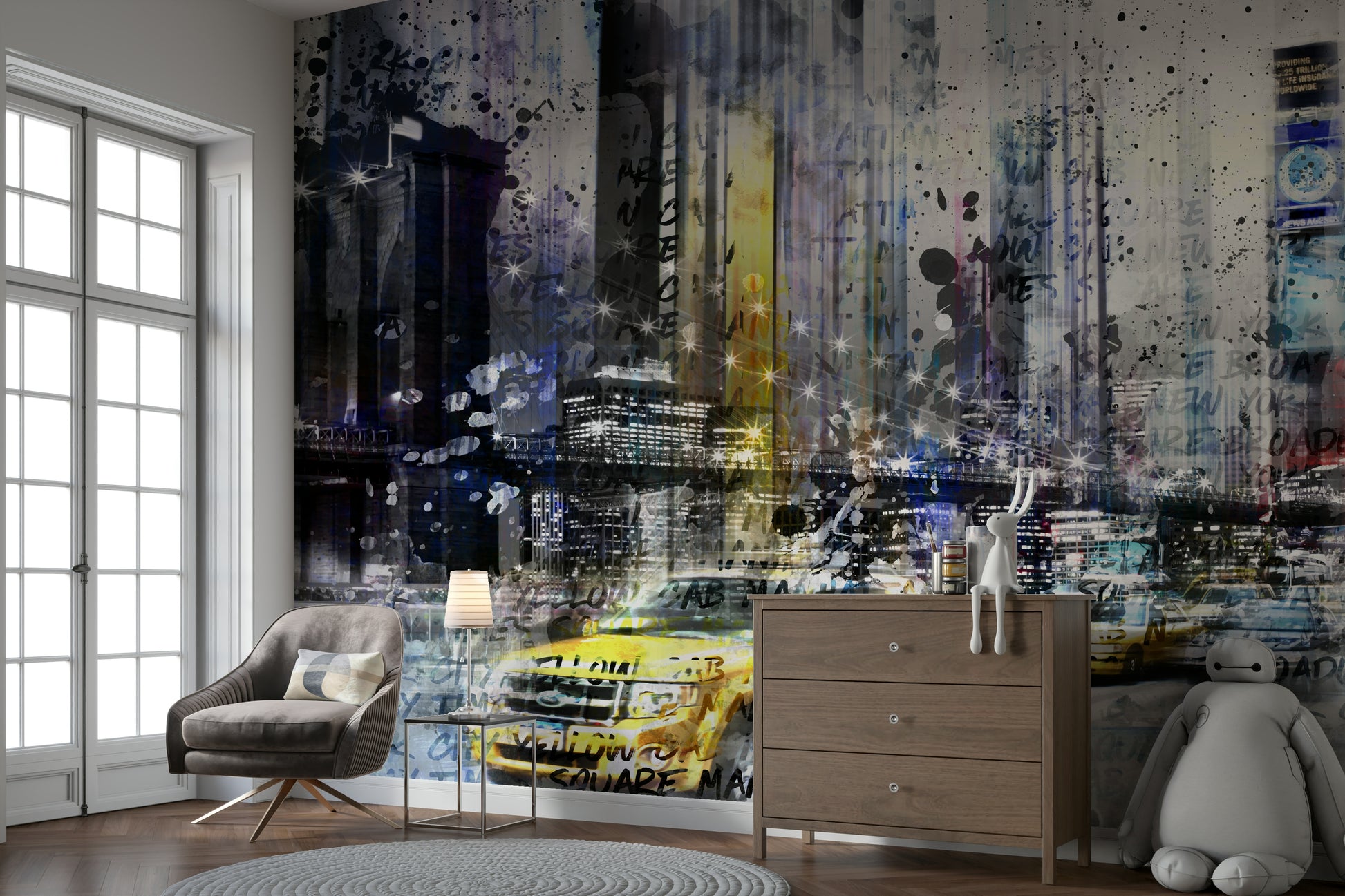 Collage mural featuring iconic New York imagery

