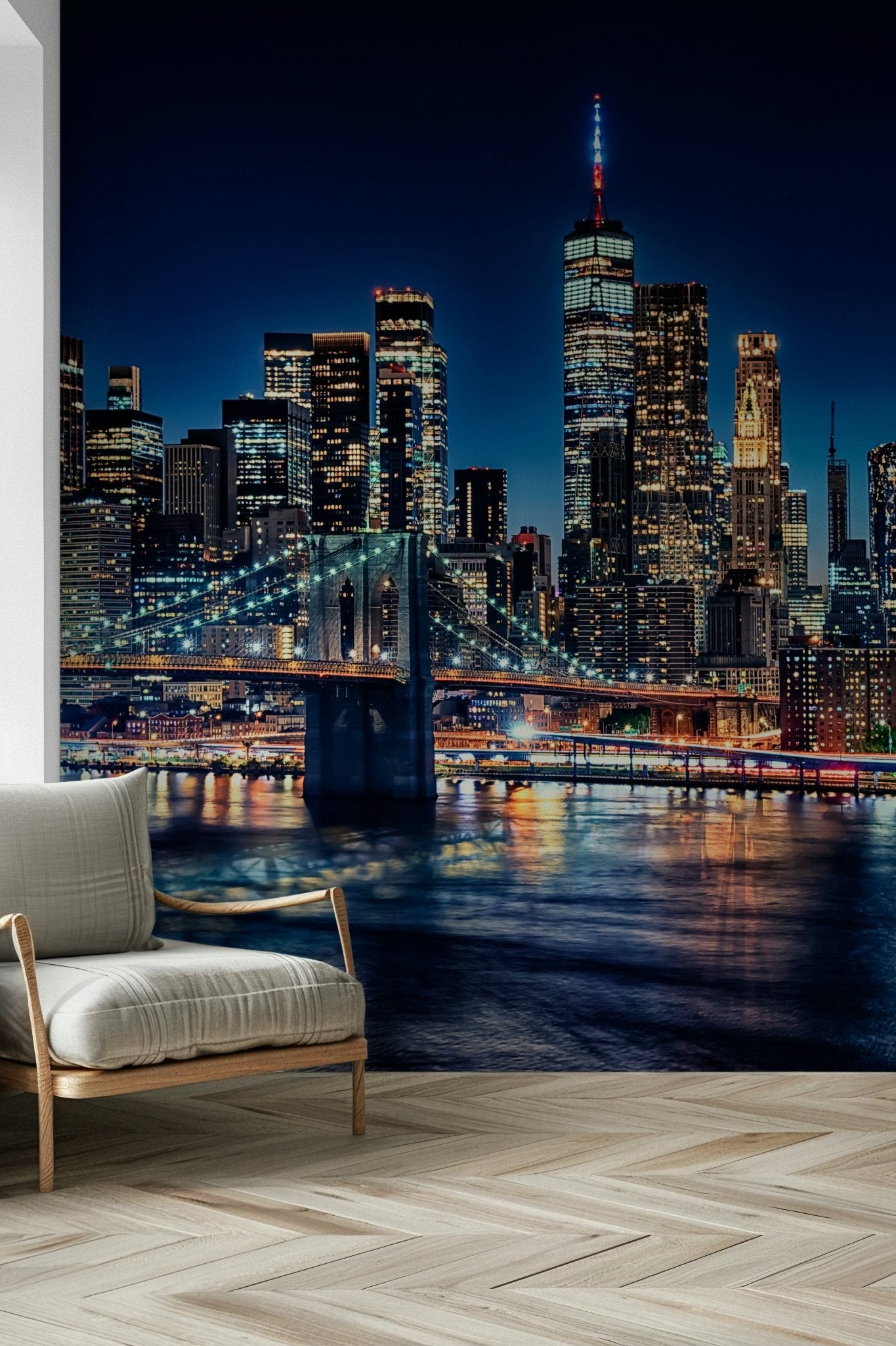 Glowing Manhattan skyscrapers NYC Night Lights wallpaper for walls.