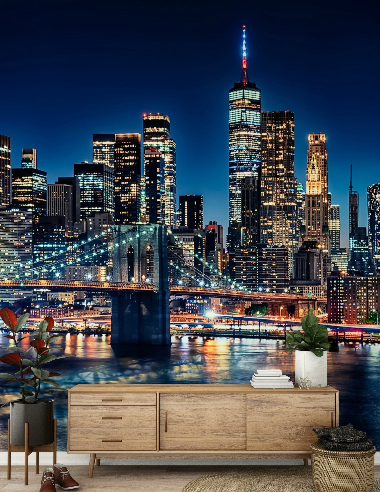Iconic city skyline NYC Night Lights peel and stick wallpaper.