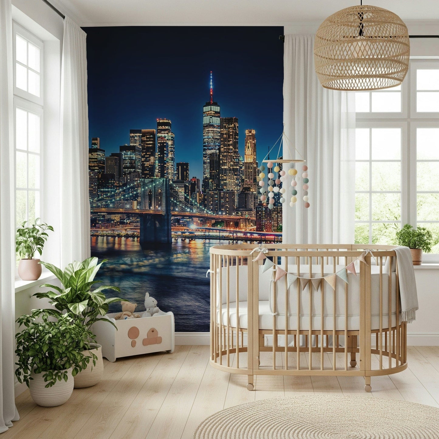 Twinkling city evening NYC Night Lights peel and stick wallpaper.