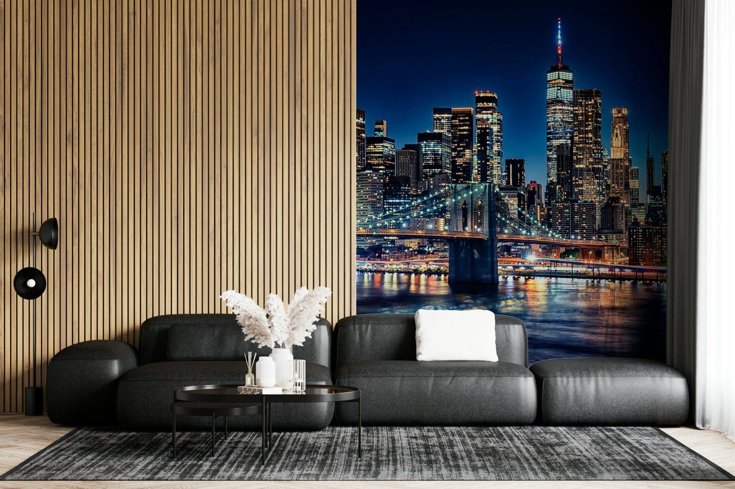 Vibrant bridge lights NYC Night Lights wallpaper mural panorama.