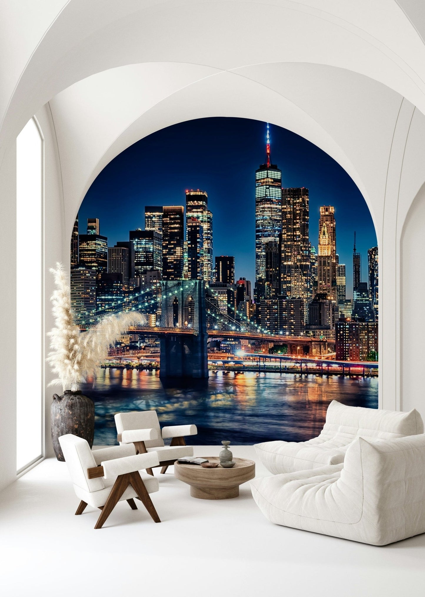 Radiant river reflections NYC Night Lights wallpaper for walls.
