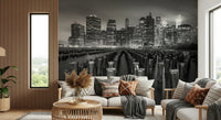 NYC Noir Waterfront Silhouette wallpaper, dramatic black and white skyline.