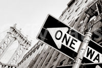 Urban Direction NYC wallpaper mural close-up of a black and white One Way sign with the Manhattan Bridge behind