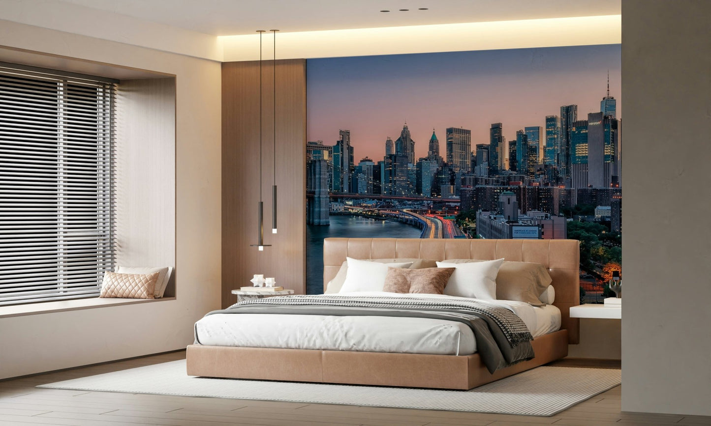 Peel and stick NYC Skyline Dusk glowing city lights.