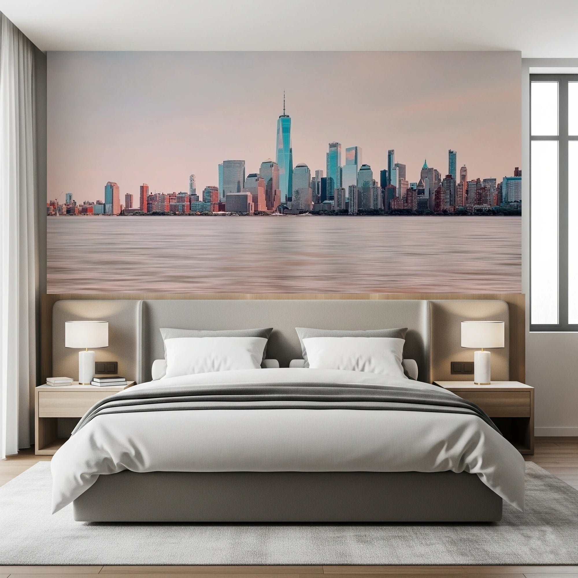 NYC Skyline Serenity wallpaper mural of the Manhattan skyline at dusk behind a grey upholstered bed in a bedroom