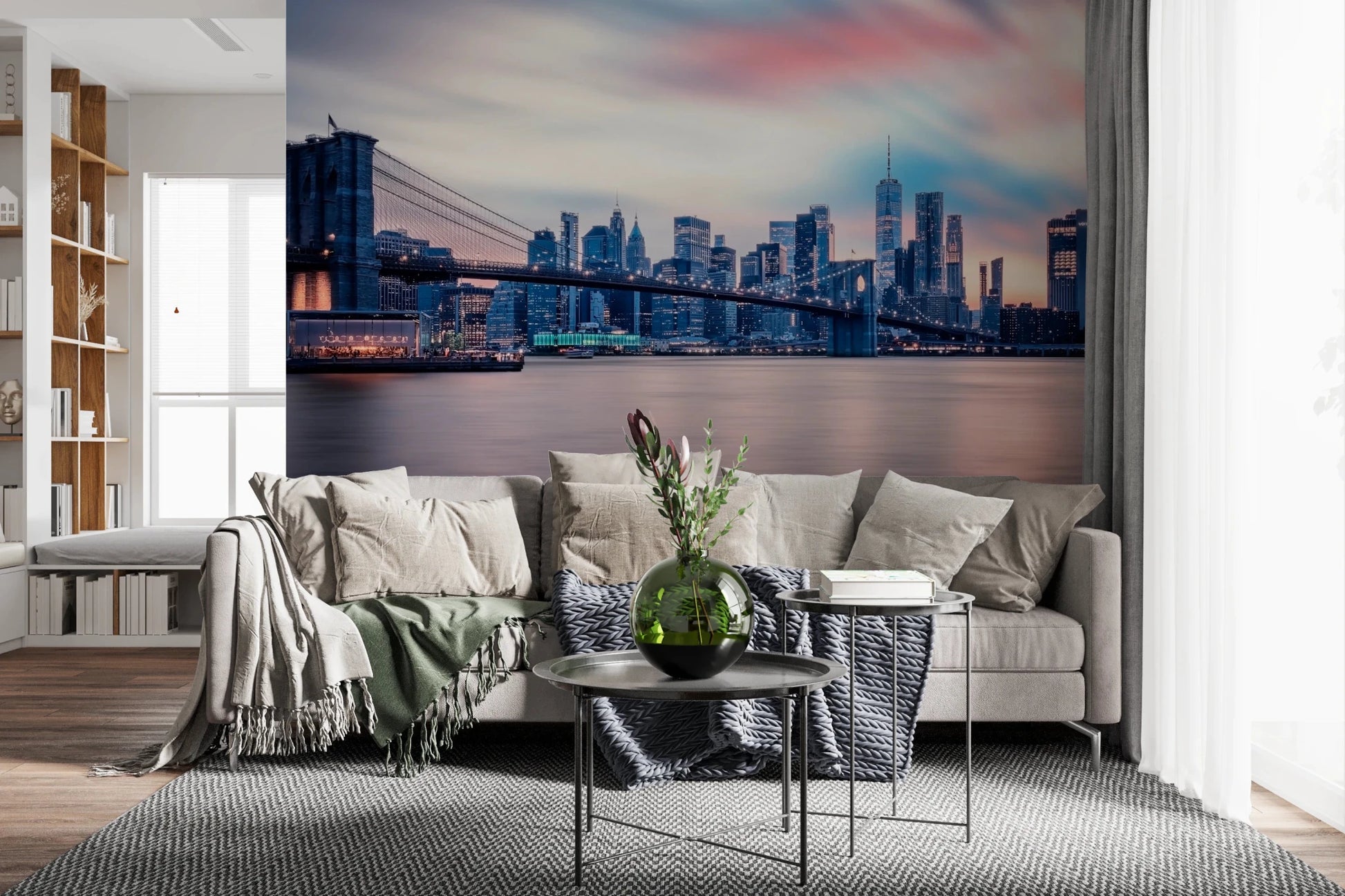 NYC Twilight Dreams wallpaper mural of Manhattan at twilight behind a beige sofa and round metal tables