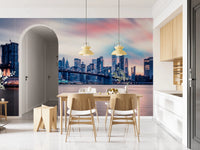 NYC Twilight Dreams wallpaper mural of the city at dusk by an arched doorway in a white kitchen diner