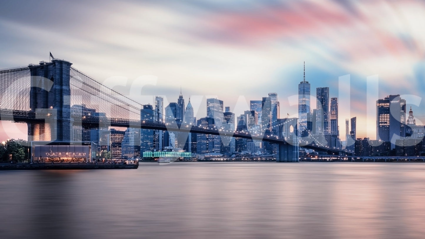 NYC Twilight Dreams wallpaper mural showing Brooklyn Bridge and Manhattan skyline under a pink twilight sky