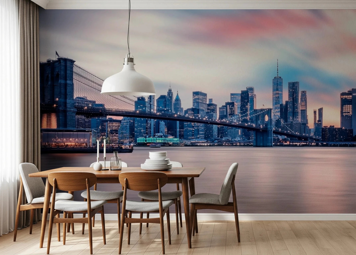NYC Twilight Dreams wallpaper mural of the Brooklyn Bridge at dusk above a wood dining table and chairs