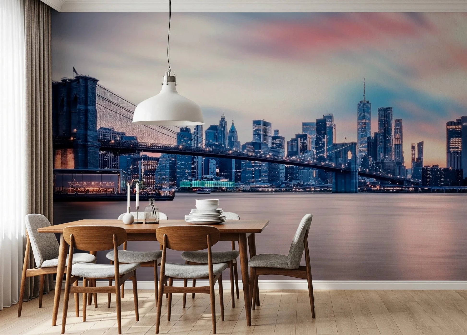 NYC Twilight Dreams wallpaper mural of the Brooklyn Bridge at dusk above a wood dining table and chairs