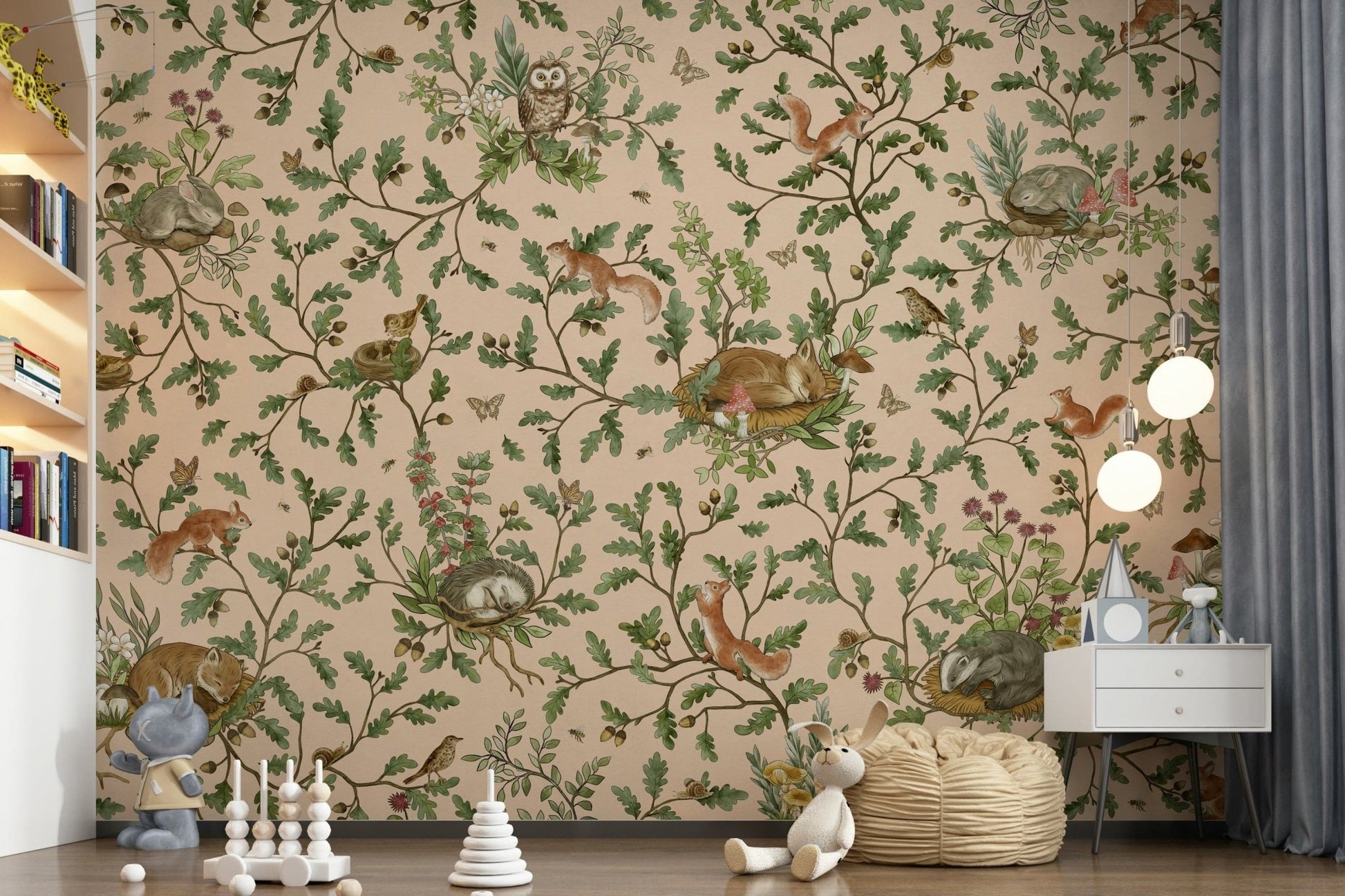 Oak Haven Wall Mural depicting a peaceful woodland retreat with sturdy oak trees.