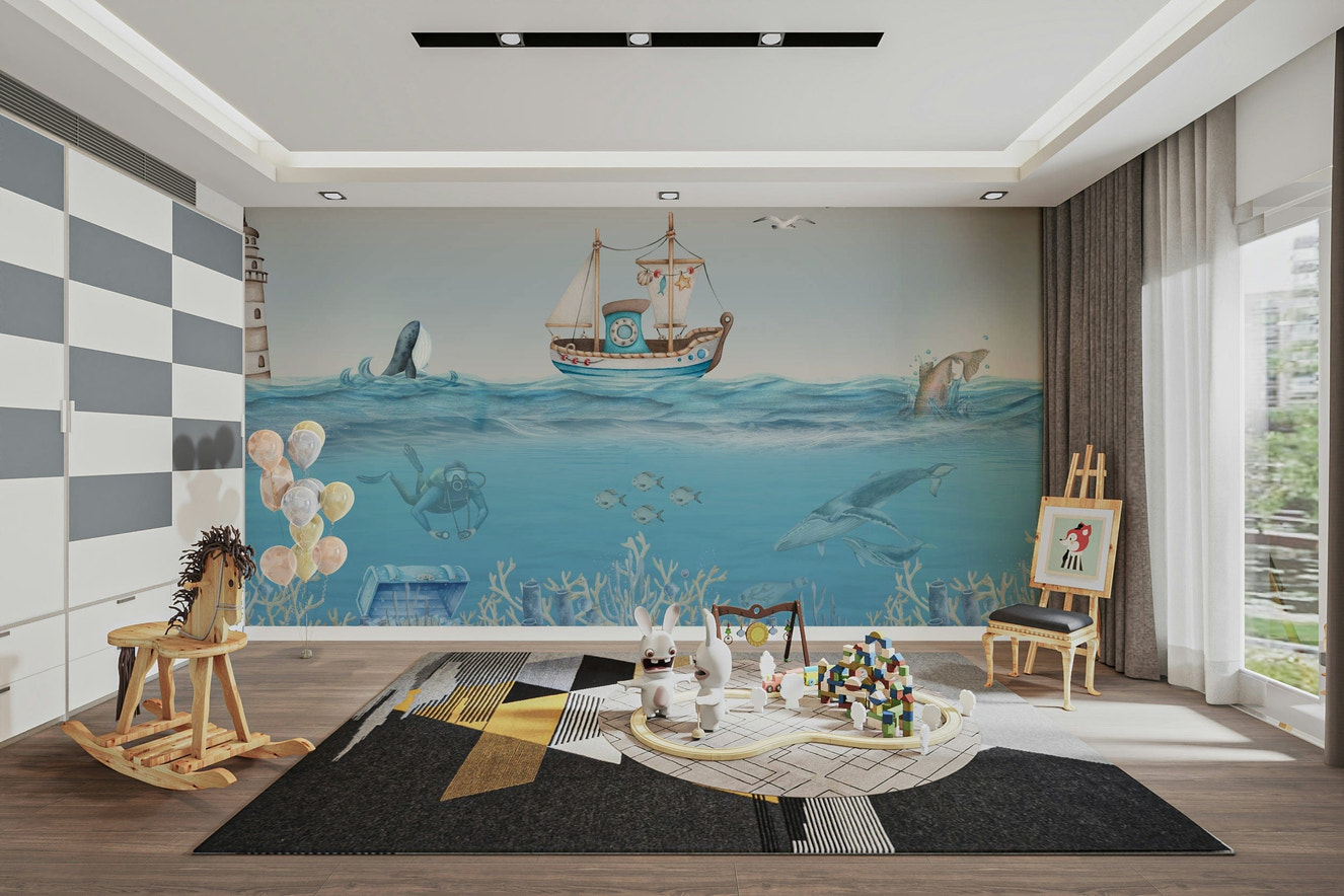 A peaceful wall mural with a whimsical underwater scene.

